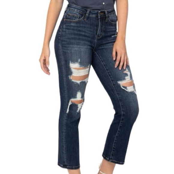 JUDY BLUE Mid Rise Cropped Straight Leg Jean Dark Wash size 9 / 29 - Picture 2 of 10